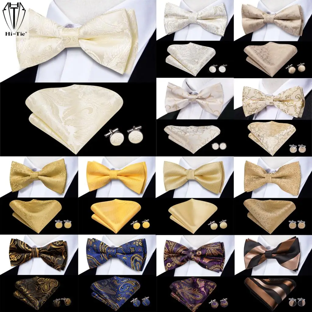 Top Trends: Hi-Tie Beige Champagne Gold Silk Mens Bow Tie Hanky Cufflinks Set Pre-tied Butterfly Knot Bowtie For Male Wedding Business Gift Shoppable Styles