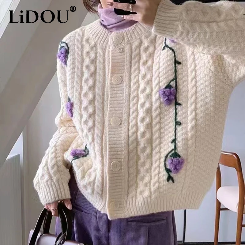 Top Trends: Autumn Winter Sweet Embroidery Loose Casual Cardigan Sweater Female Jacquard Knitting Coat Women All-match Buttons Outwear Top Shoppable Styles