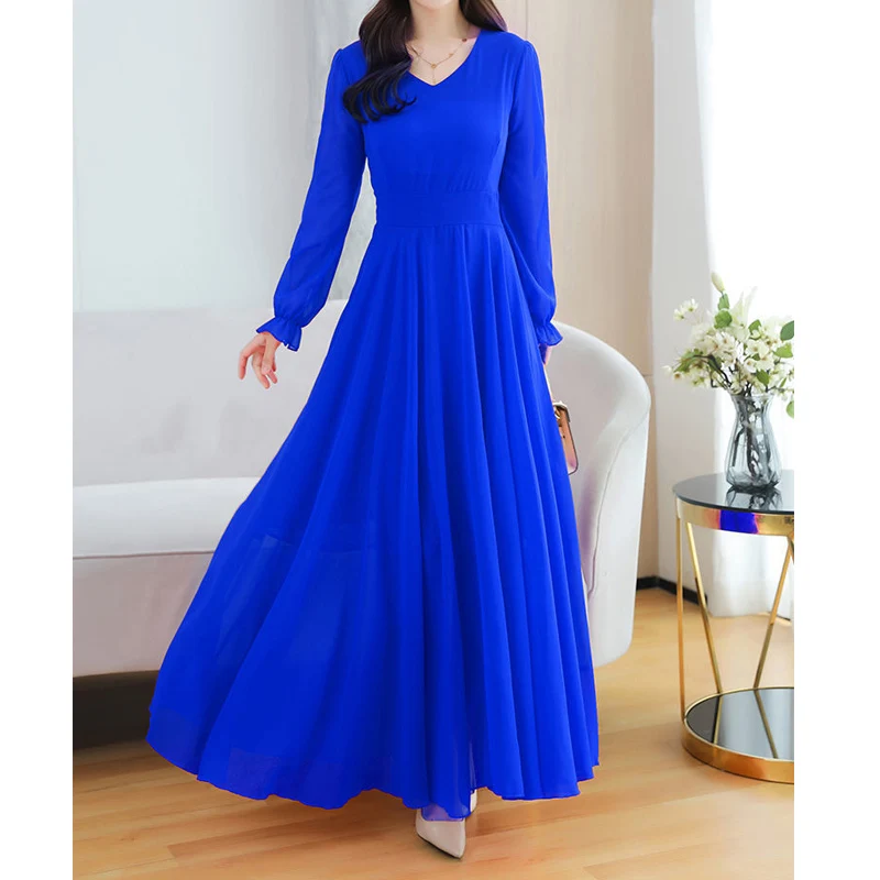 Top Trends: Spring Summer New Chiffon Solid Beach Skirt Long Sleeve V Neck Loose Plus Size Ladies Dresses Temperament Elegant Women Clothing Shoppable Styles