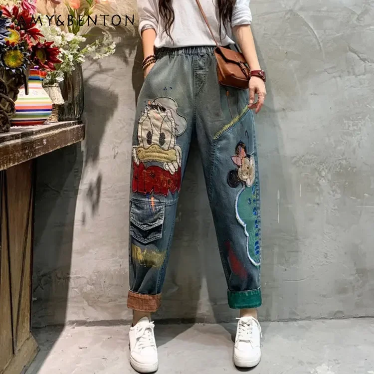 Top Trends: Potdemiel Spring Retro Embroidered Loose Large Size Contrast Color Curling Jeans Women Casual High Waist Denim Pants For Ladies Shoppable Styles