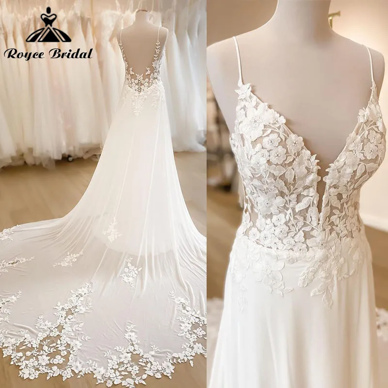 Top Trends: Spaghetti Straps Boho Wedding Dress Deep V Neck Lace Appliqued Chiffon Backless A Line Beach Bridal Gown Robe De Mariée 2024 Shoppable Styles