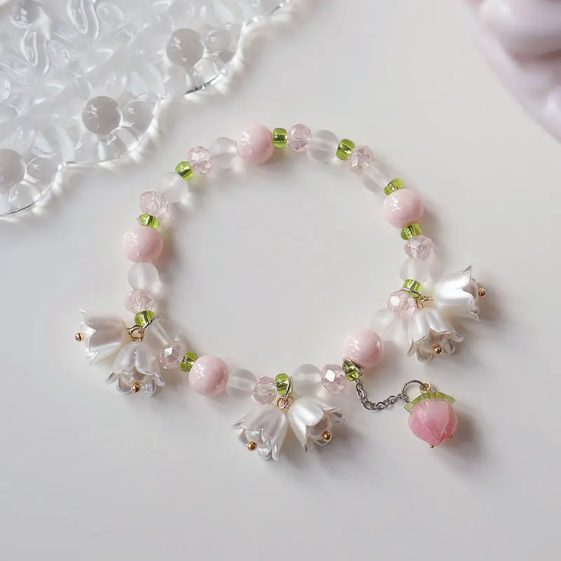 Top Trends: New Design Sweet Vintage Pearl Lily Flower Bracelet For Women Korean Cute Tassel Pink Peach Pendant Bracelet Aesthetic Jewelry Shoppable Styles