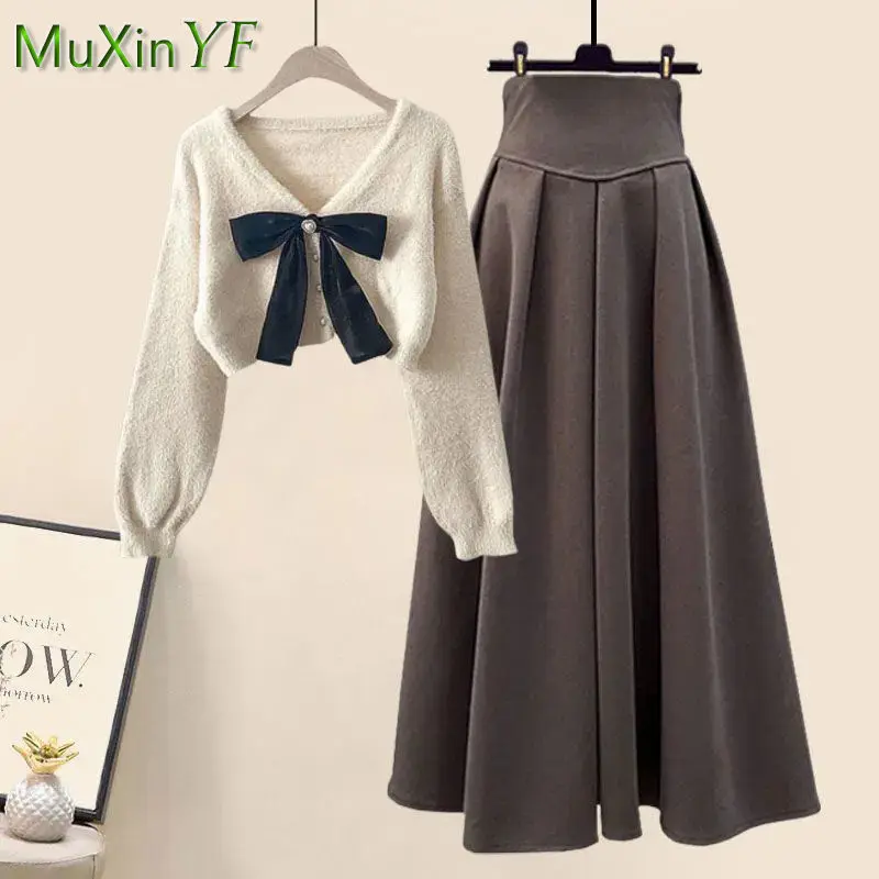 Top Trends: 2024 Spring Autumn New In Matching Sets Women&#039;s Fashion Slim Bow Sweater+ High Waist Skirt Two-piece Set Korean Chic Dress Suit Shoppable Styles