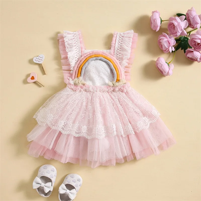 Top Trends: Newborn Infant Girls Princess Dress Tassel Leeveless Square Neck Rainbow Patch Frill Layered Mesh Bodysuits Dress Baby Clothes Shoppable Styles