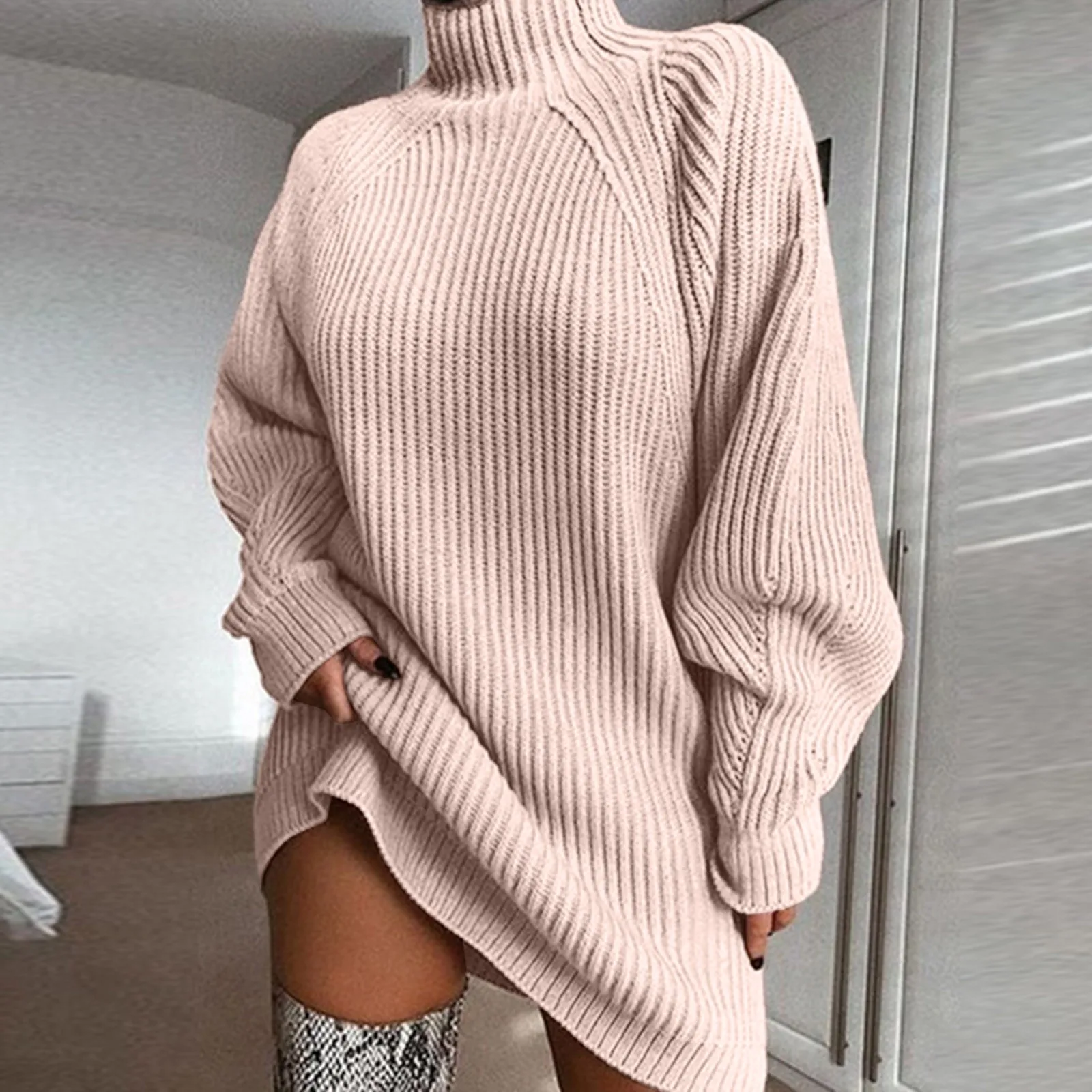 Top Trends: Women's Autumn And Winter Fashion High Neck Knitted Sweater Dress Casual Solid Color Loose Long Sleeve Warm Mid Length Dress Shoppable Styles