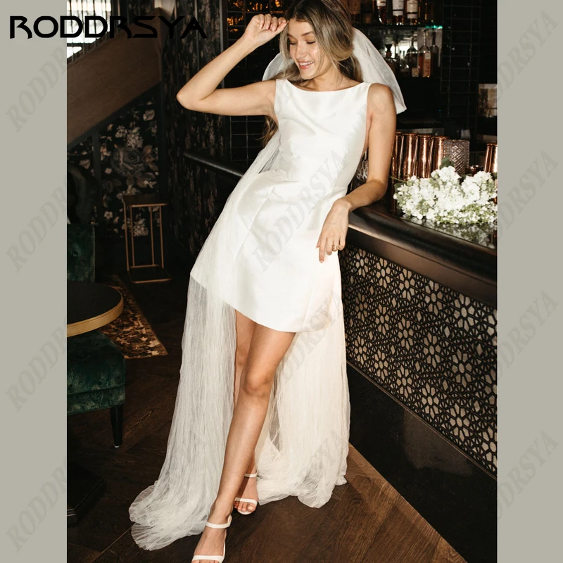 Top Trends: RODDRSYA Short Mini Wedding Dress Soft Satin Scoop-Neck Robe De Mariee Sleeveless Backless A-line Bride Party Removable Bow Shoppable Styles