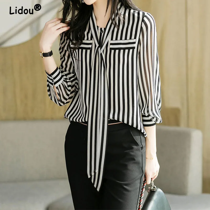 Top Trends: Summer Autumn Elegant Fashion Office Lady Striped Printing Fashion Woman Blouses 2022 Temperament Long Sleeve Shirt T Shirt Wome Shoppable Styles - Image 5