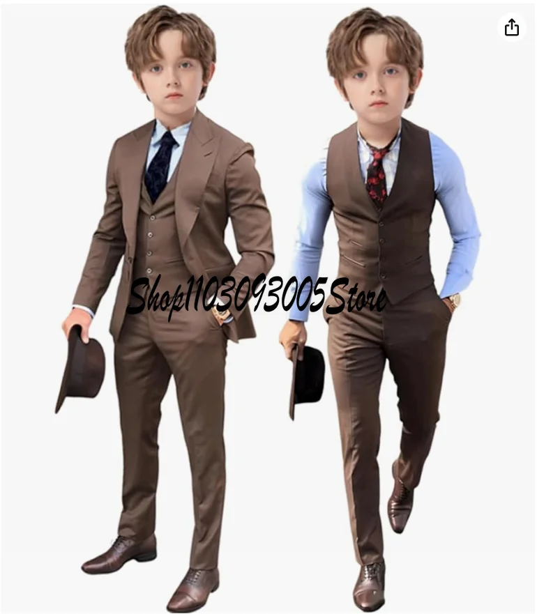 Top Trends: Brown Boys 3 Piece Suit Kids Wedding Tuxedo Jacket Pants Vest Formal Customized 3-16 Years Old Clothes Shoppable Styles