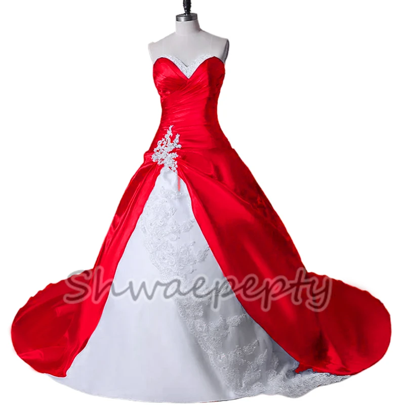 Top Trends: Vintage Chapel Train Robes De Mariée Ruched Corset Satin Ball Gown Wedding Dresses Long Red And White Bridal Gowns 2023 Shoppable Styles