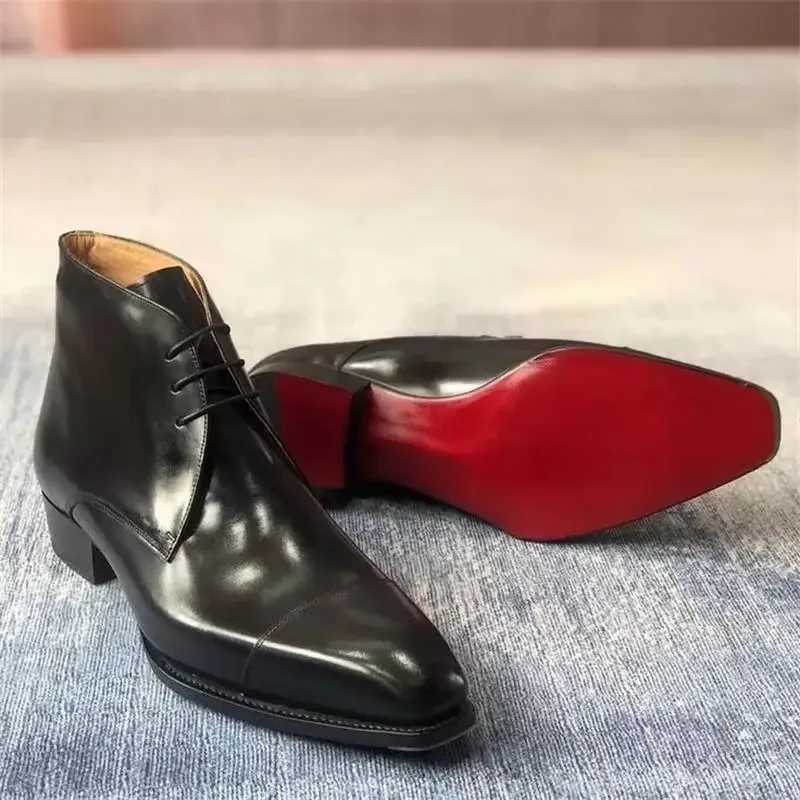 Top Trends: Red Sole Men Ankle Boots Square Toe Lace-up Business Chelsea Boots Men Handmade Black Shoes Men Shoppable Styles