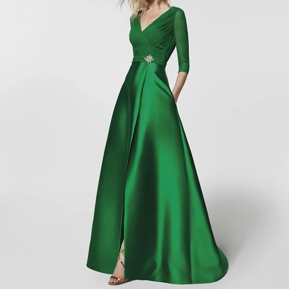 Top Trends: Elegant Green Mother Of The Bride Dresses V Neck 3 / 4 Sleeve Formal Wedding Party Dress Front Slit A-line Floor-Length فستان سهرة Shoppable Styles