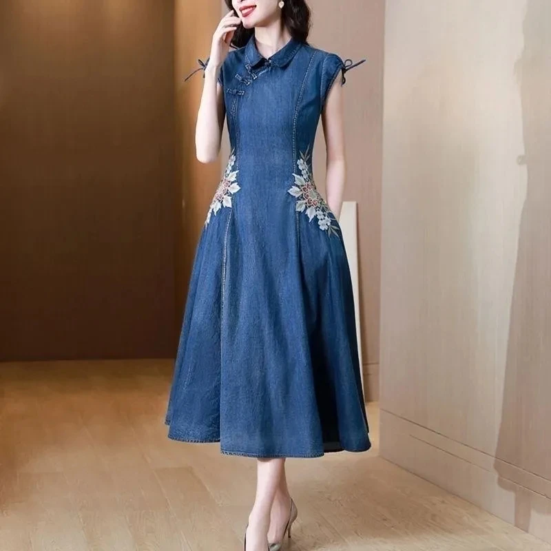 Top Trends: Denim Dress Women 2023 Spring Summer New Retro Slim Elegant Temperament Jeans Dresses Female Large Size Embroidered Skirt Shoppable Styles