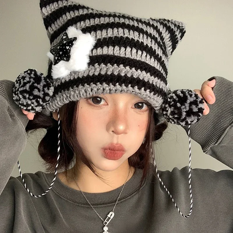 Top Trends: Y2K Cute Star Devil Knitted Beanie Hat Ins Skullies Striped Knitting Wool Cap Autumn Winter Cat Ears Pointed Pullover Women Hats Shoppable Styles