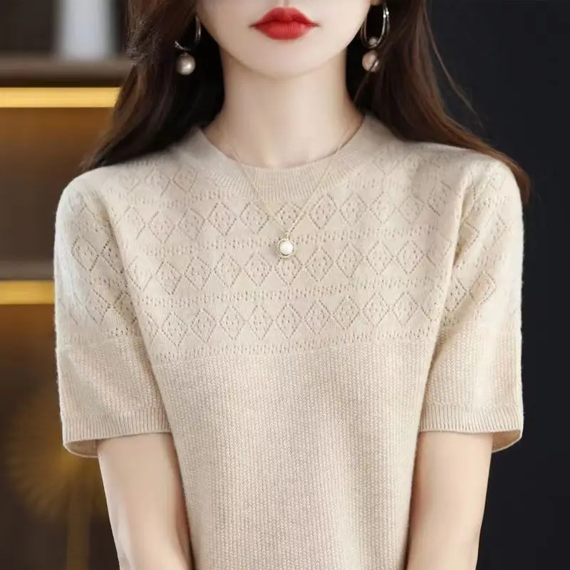 Top Trends: Vintage Fashion Women Knitted T-Shirt Summer Hollow Out Breathable Tees Female Clothing Short Sleeve Loose Pullover Casual Tops Shoppable Styles