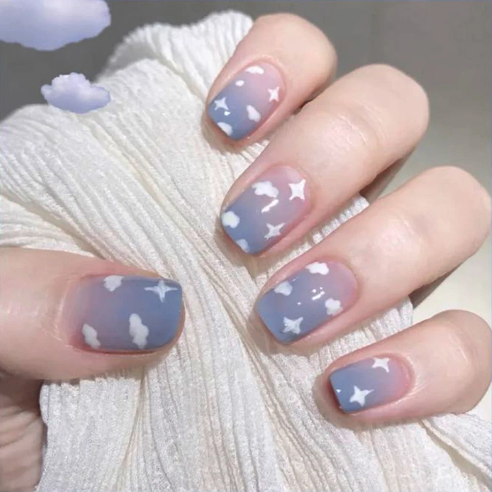 Top Trends: 24Pcs / Box Short Square Head Wearing False Nails Art Clouds Stars Pattern Fake Nails Full Cover Press On Nail Tips Manicure Tools Shoppable Styles