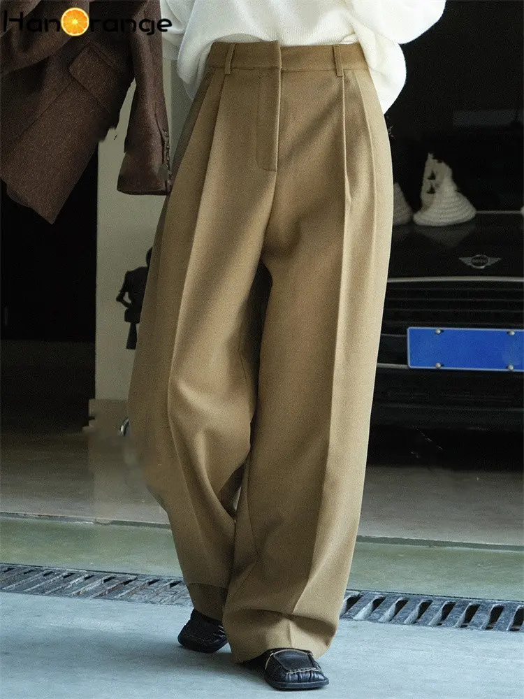 Top Trends: HanOrange 2024 Autumn Winter Simple High Waist Double Pleated Wide Leg Pants Women Loose Casual Trousers Female White / Brown Shoppable Styles