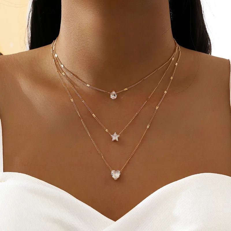 Top Trends: Crystal Zircon Heart Star Charm Layered Pendant Necklace Set For Women Charms Fashion Square Rhinestone Female Vintage Jewelry Shoppable Styles