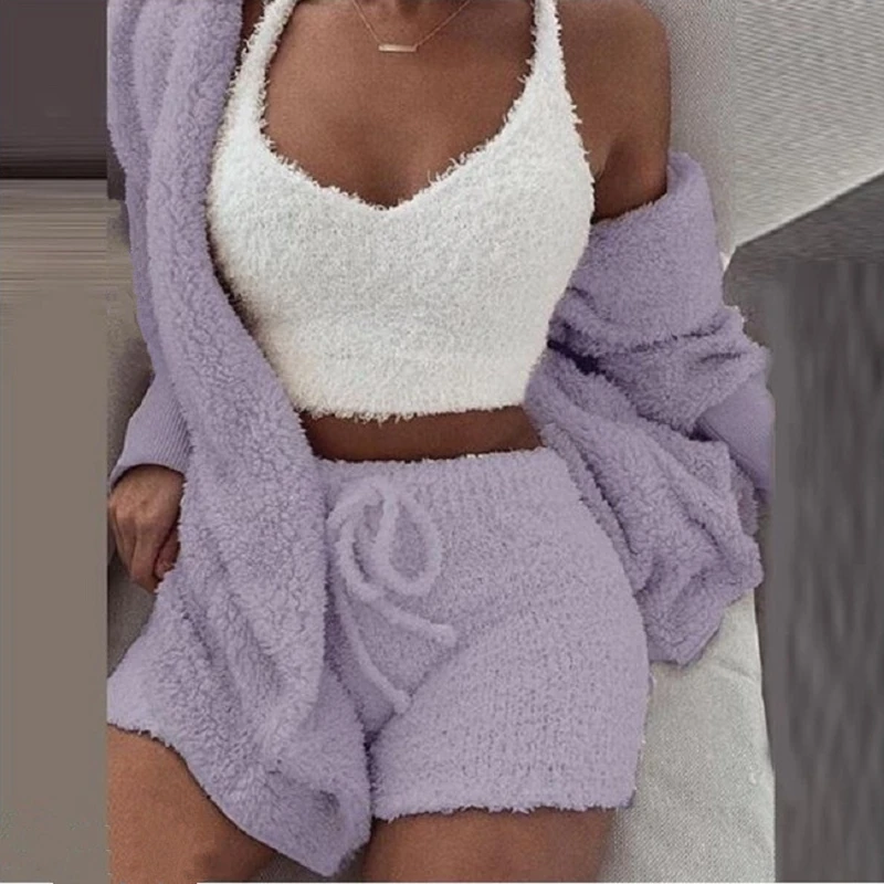 Top Trends: Fluffy Pajamas Set For Women Casual Sleepwear Tank Top And Shorts Plus Size Hoodie Leisure Homsuit Winter Teddy 3 Pieces Pijamas Shoppable Styles