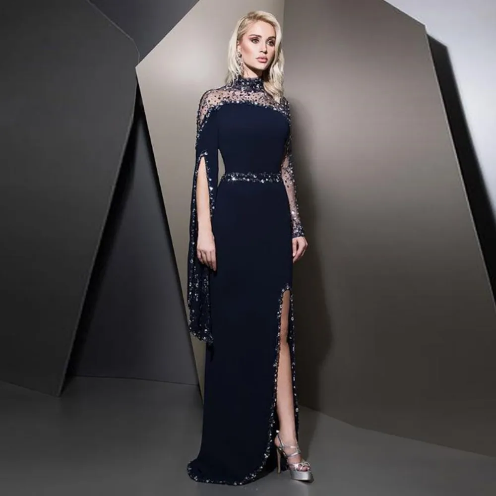 Top Trends: Arabic Evening Dresses High Neck Beaded With Rhinestones Cape Sleeves Side Split Formal Prom Party Gown Black Mother Dress Shoppable Styles