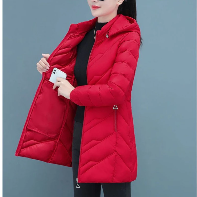 Top Trends: 2023 Winter Parka Women Puffer Jacket Thickened Slim Cotton-padded Jacket Warm Hooded Long Sleeve Coat Black Red Outerwear Shoppable Styles