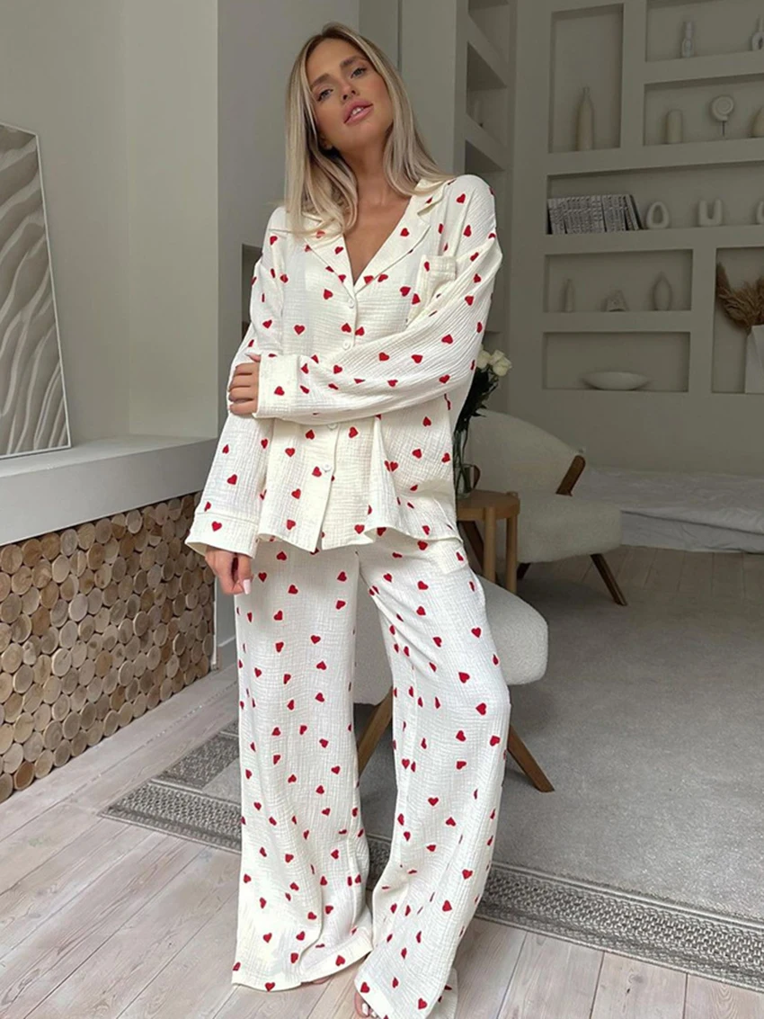 Top Trends: Marthaqiqi Loose Ladies Sleepwear Suit Sexy Turn-Down Collar Nightwear Long Sleeve Nightgowns Pants Printing Female Pajamas Set Shoppable Styles