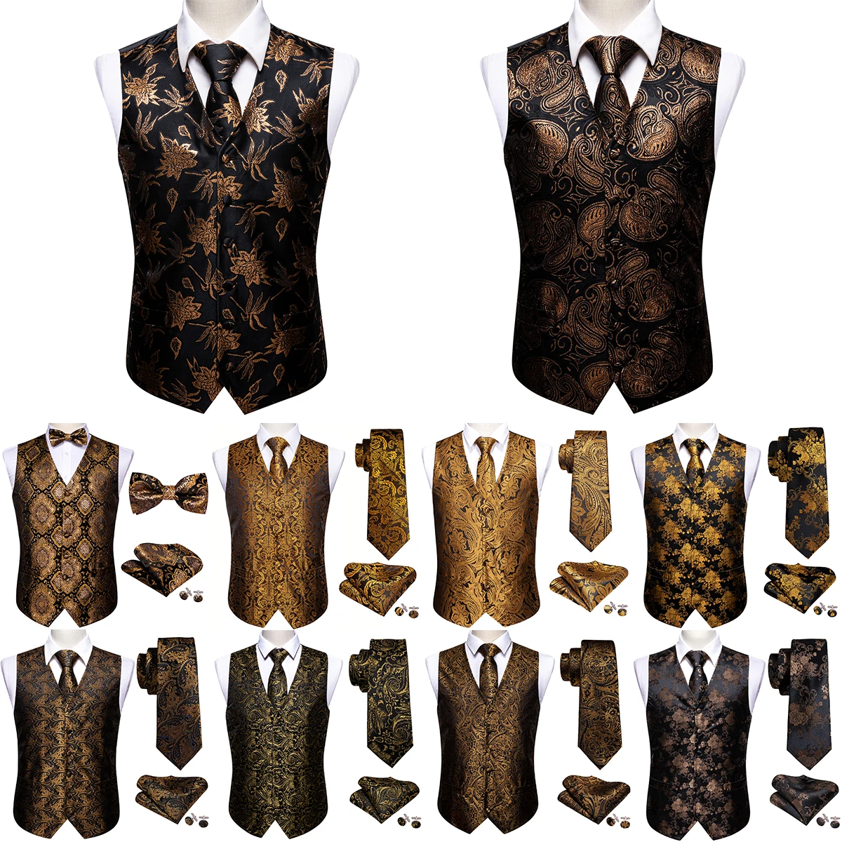 Top Trends: Luxury Mens Vest Gold Black Yellow Paisley Flower Formal Suit Embroidered Waistcoat Tie Set Sleeveless Jacket Barry Wang Shoppable Styles