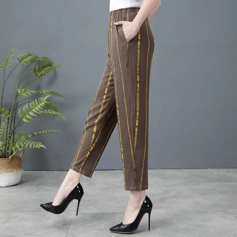 Top Trends: Autumn New Women&#039;s Pants Cotton Hemp Harlen Pants Solid Printed Elastic High Waist Pockets Slim Fashion Casual Straight Trouser Shoppable Styles