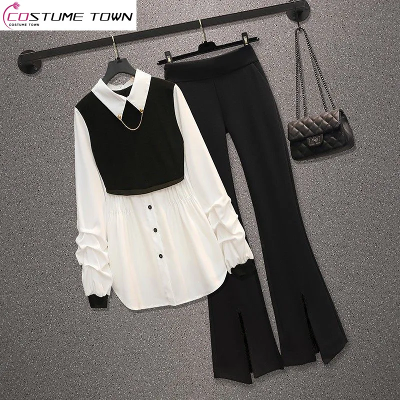 Top Trends: New Summer Pleated Chiffon Shirt Blazer Casual Flared Pants Two-piece Elegant Women's Pants Suit Street Outfits For 2023 Shoppable Styles