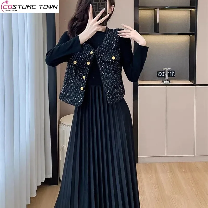 Top Trends: Fashionable Women's Set 2023 Spring And Autumn New Small Fragrance Tank Top Temperament High Grade Pleated Long Dress Two Piece Shoppable Styles