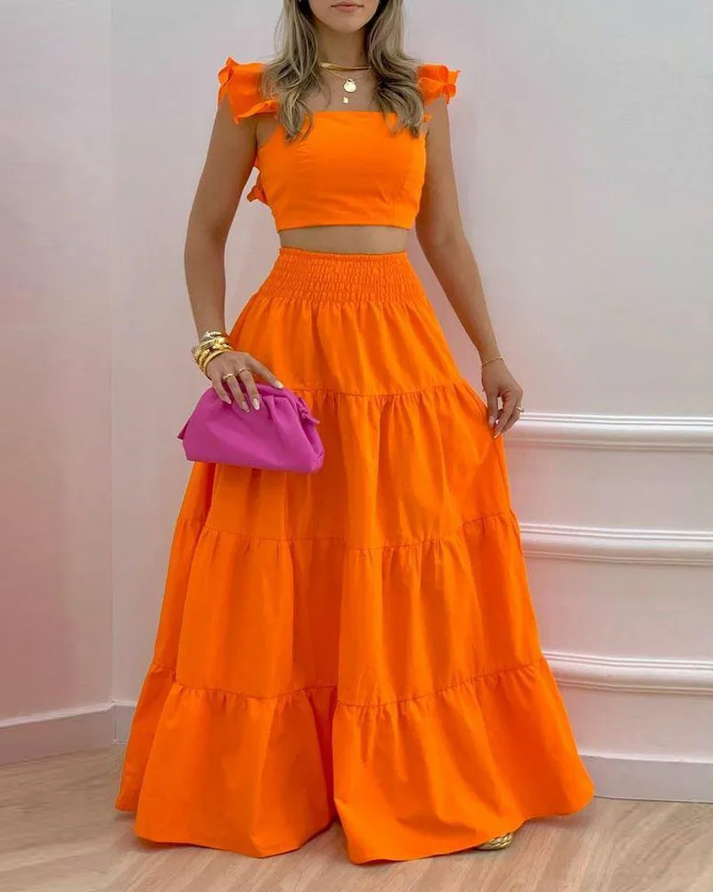 Top Trends: Summer Female Hot Style Ruffled Suspenders Pleated Back Crop Top And Long Skirt Solid Color Two-piece Set Women 2022 Fashion Shoppable Styles