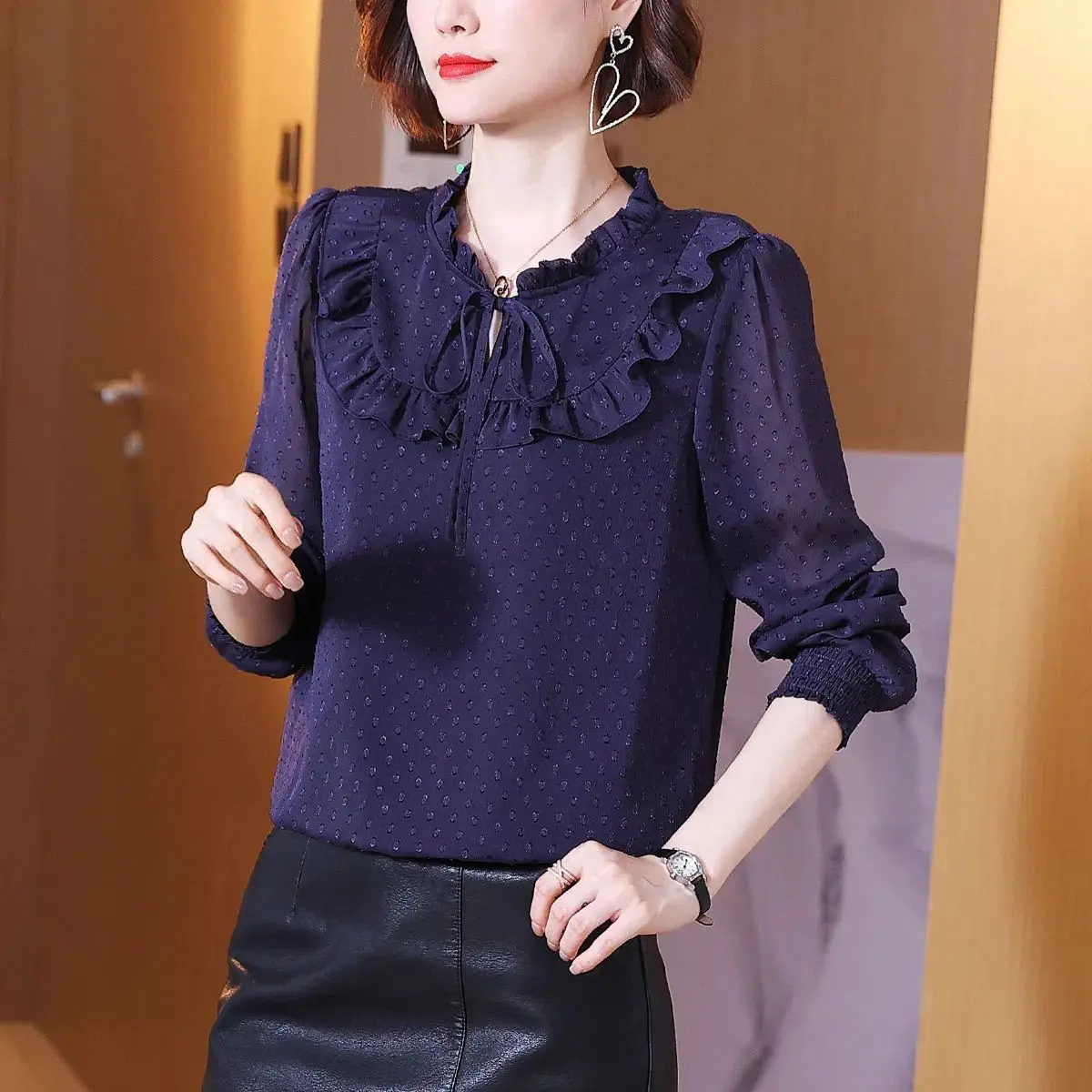 Top Trends: Korean Women Fashion Chiffon Shirt Spring Summer Patchwork Ruffle Versatile Office Lady Female Clothing Loose Long Sleeve Blouse Shoppable Styles