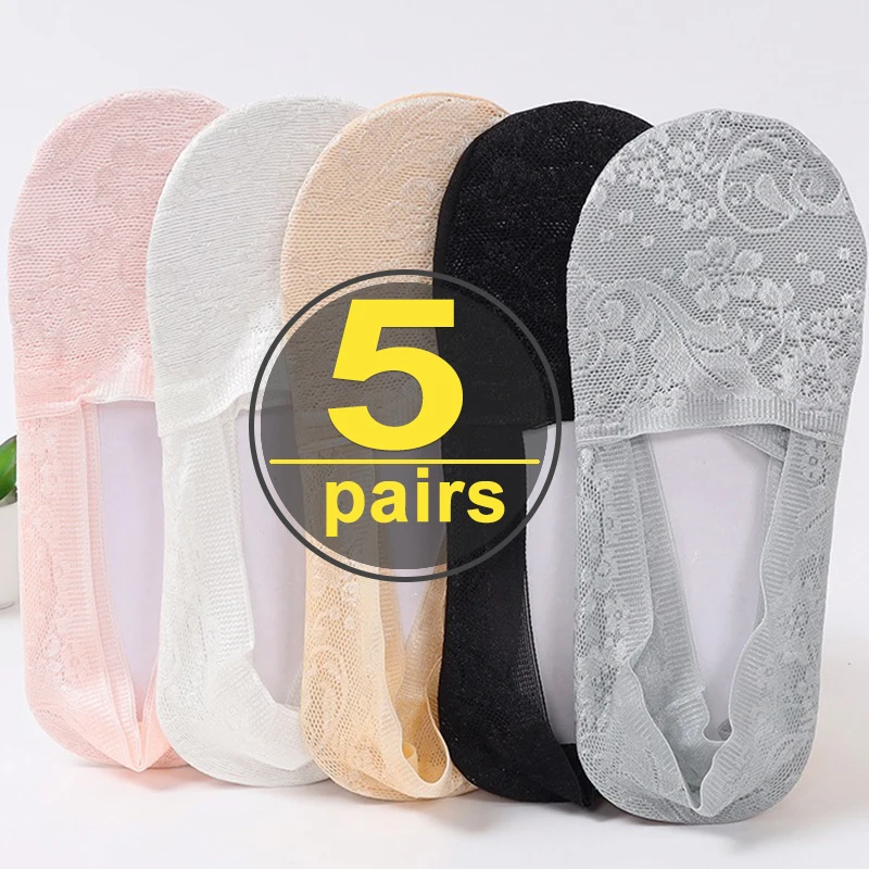 Top Trends: 5pairs Lace Flower Short Socks Women Summer Silicone Non-slip Ankle Socks Invisible Slipper Cotton Hollow Boat Socks Female Shoppable Styles