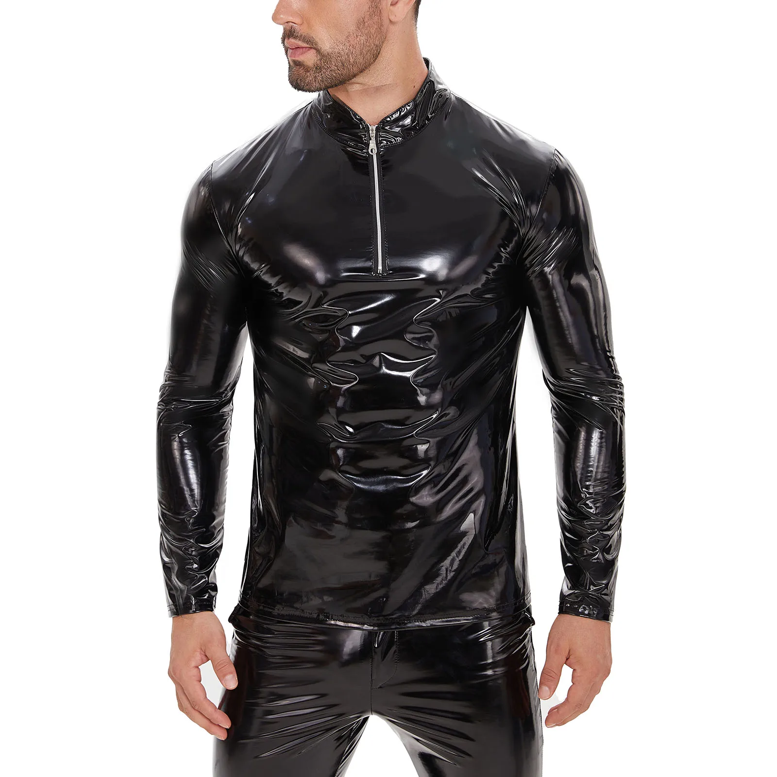 Top Trends: Plus Size Mens Shiny Leather Shirt Long Sleeve Glossy PVC Leather Tops Male Wetlook Latex Shaping Casual Coat Sexi Shoppable Styles