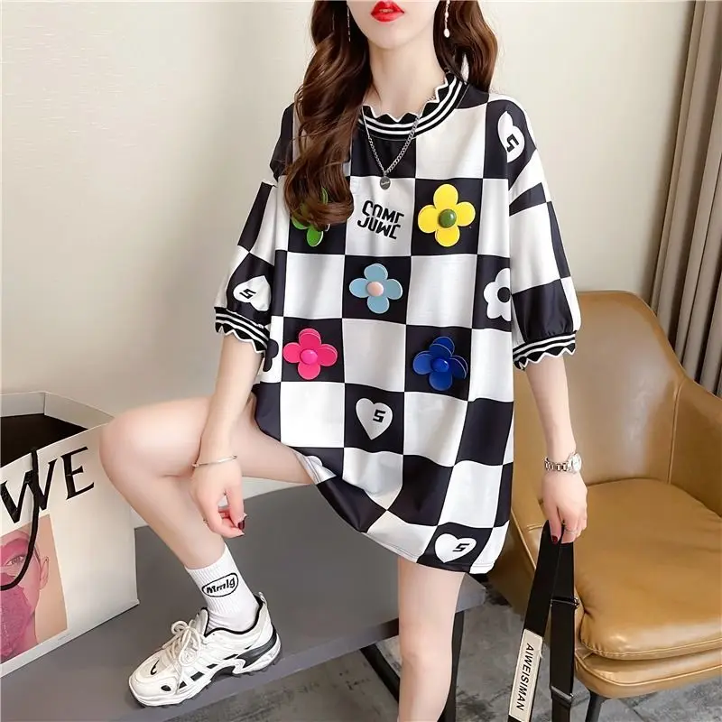 Top Trends: 2023 New Summer Fashion Minimalist Round Neck Plaid Print Casual Lazy Loose Oversize Versatile Mid Length Short Sleeved T-shirt Shoppable Styles