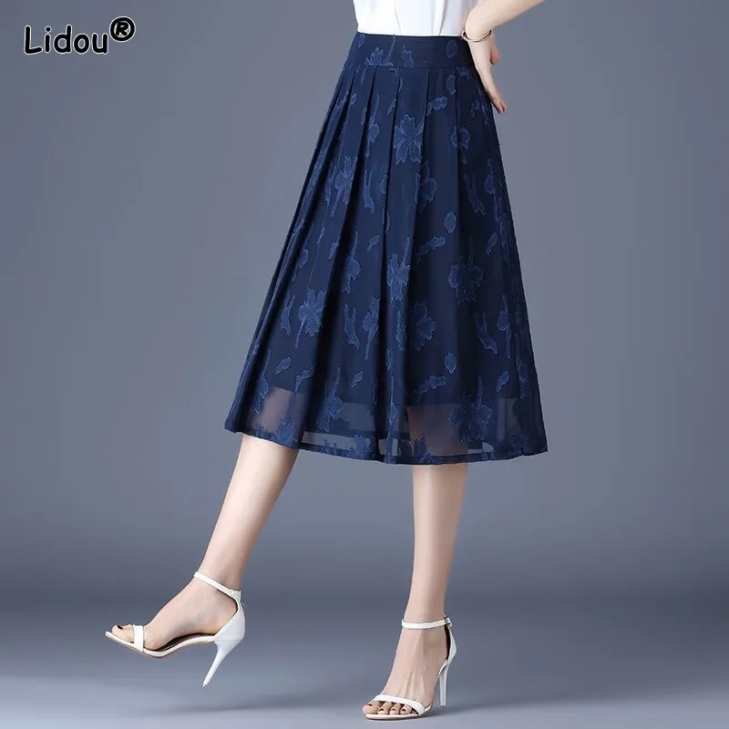 Top Trends: Summer Chiffon Embroidery Empire Mid-calf Floral A-line Skirt Hot Selling Office Lady Folds Temperament Women&#039;s Clothing Grace Shoppable Styles