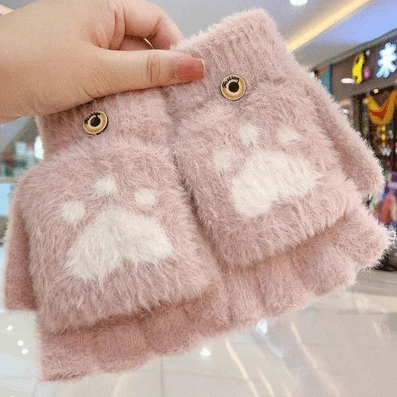 Top Trends: New Kawaii Women Warm Cat Gloves Fashion Girls Cat Claw Paw Plush Mittens Soft Plush Short Fingerless Half Finger Winter Gloves Shoppable Styles