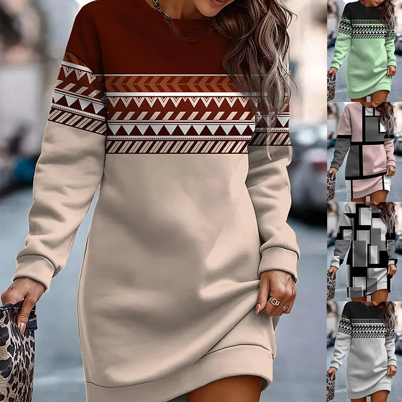 Top Trends: 2023 Autumn And Winter Women&#039;s New Fashion Casual Loose Fit Comfortable Versatile Printed Contrast Round Neck Sweater Dress Shoppable Styles