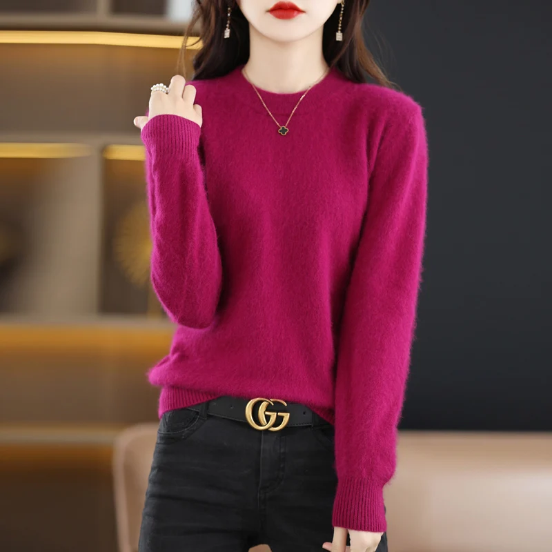 Top Trends: Flat Round Neck Pure Mink Cashmere Sweater Women's Long Sleeve Top Autumn And Winter Warm Loose Knit Pullover Solid Color Base Shoppable Styles