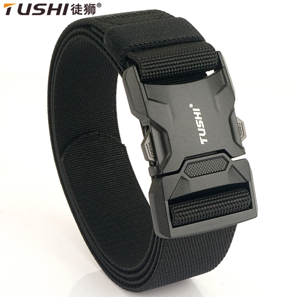 Top Trends: TUSHI NEW Quick Release Aluminum Alloy Pluggable Buckle Elastic Belt For Men Durable Tactical Belts Cowboy Outdoor Army Hunting Shoppable Styles