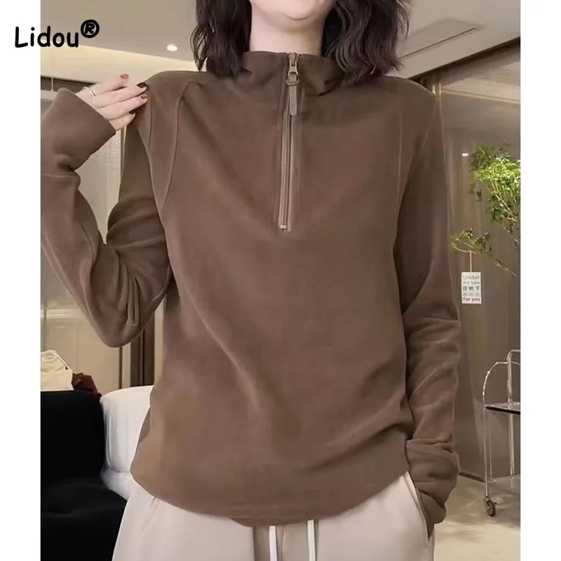 Top Trends: Simplicity Zipper Stand Collar Casual Solid Color Tops Autumn Winter Women&#039;s Clothing Fashion All-match Long Sleeve Sweatshirts Shoppable Styles