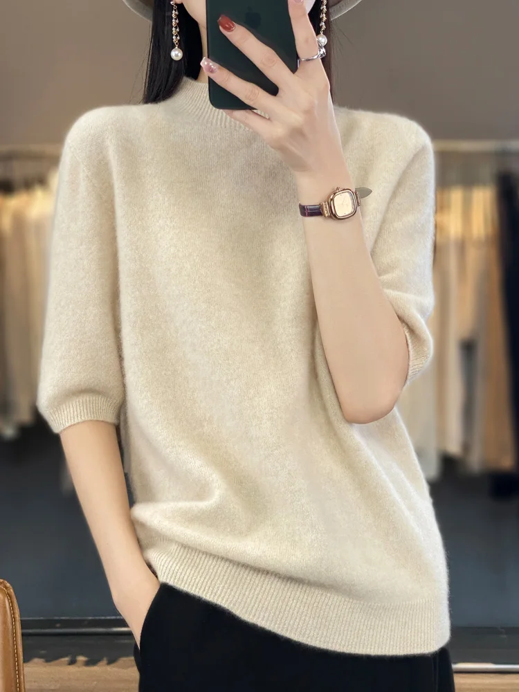 Top Trends: Fashion Short Half Sleeve Cashmere Women Knitted Sweater 100% Pure Merino Wool Mock-Neck Tops Pullover Clothing Knitwear Shoppable Styles