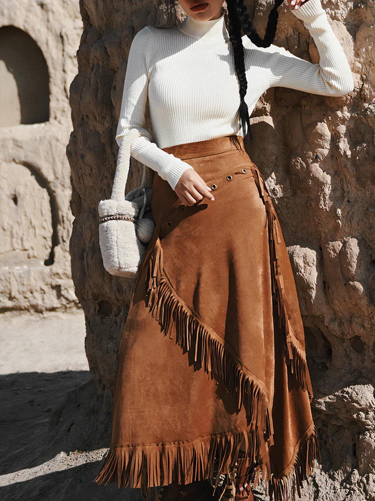 Top Trends: TIYIHAILEY 2023 New Long Maxi Women Skirt High Waist Winter Autumn Suede A-line Tassels Irregular Vintage Brown Shoppable Styles