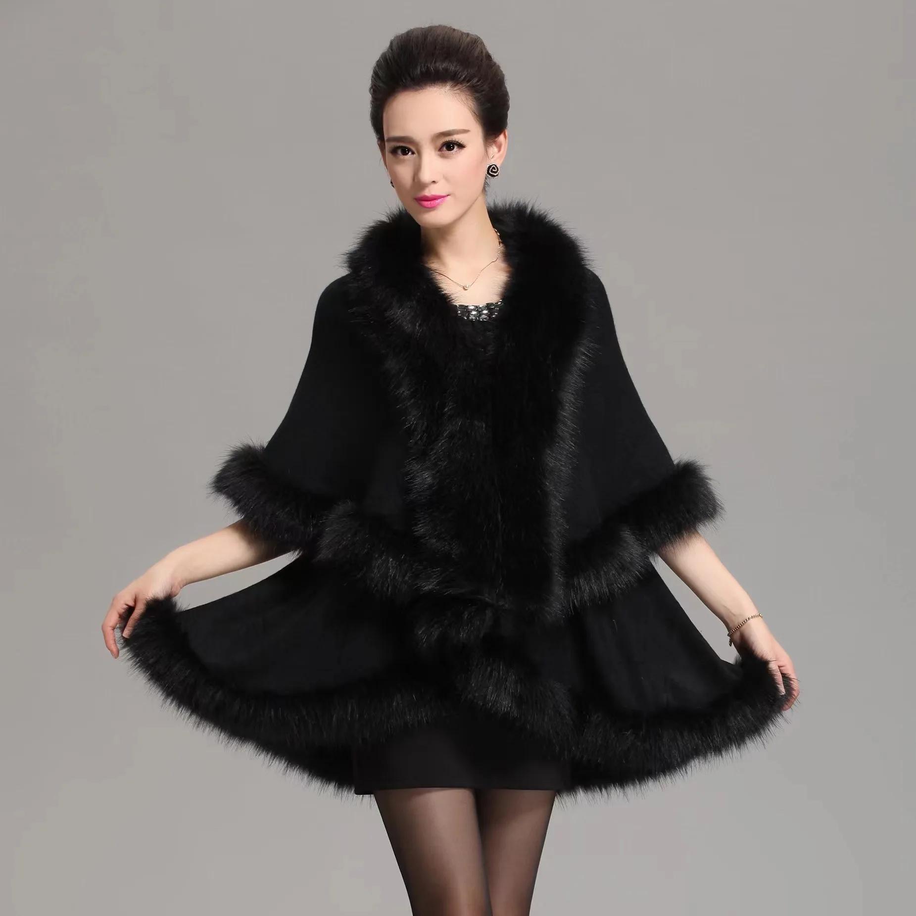 Top Trends: 12 Colors Women Faux Fox Fur Collar Oversize Coat Winter Warm Long Knitted 2 Layers Poncho Cape Cashmere Loose Shawl Streetwear Shoppable Styles