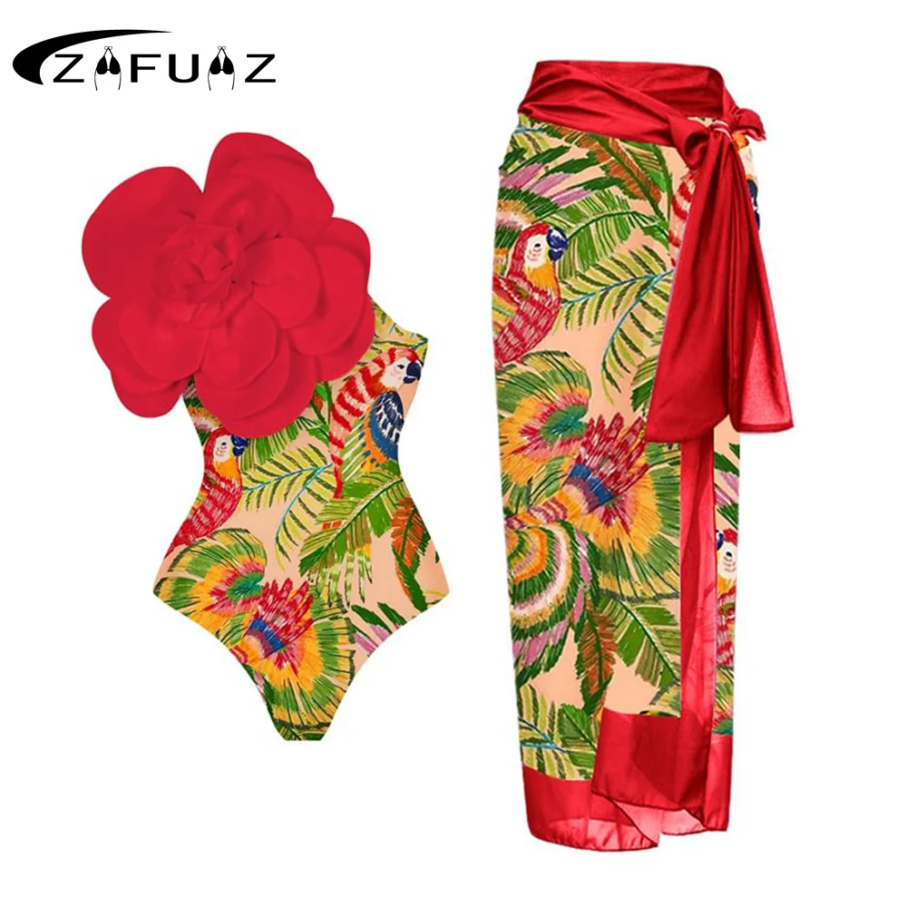 Top Trends: ZAFUAZ Swimsuit Sexy 2023 Red 3D Flower Women Swimwear High Waist Bikini Summer Beachwear Push Up Bikinis Set Bathing Suit Dress Shoppable Styles