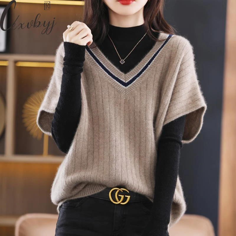 Top Trends: Women Stripe Patchwork Knitted Vest Korean Fashion V-Neck Sweater Waistcoat Ladies Vintage Sleeveless Casual Knitwear Tops Shoppable Styles