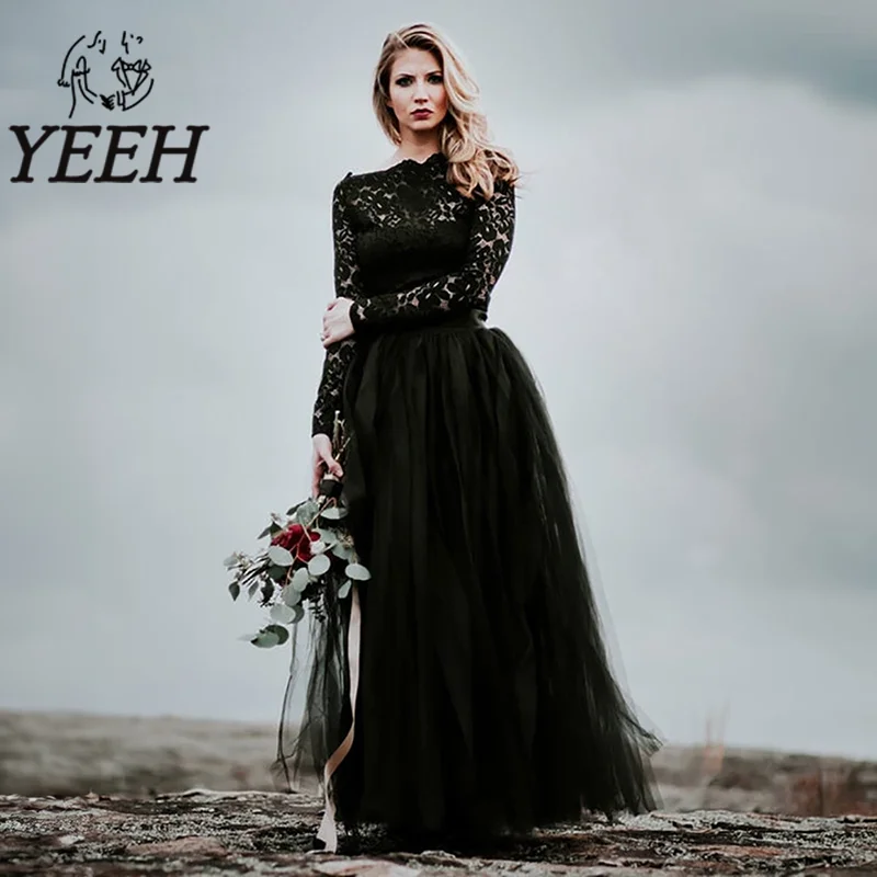 Top Trends: YEEH Gothic Black Wedding Dress Lace Appliques Bridal Gown Boat Neck Long Sleeves Floor-length Vestido De Noiva For Bride Shoppable Styles