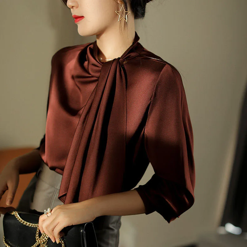 Top Trends: 2023 Autumn Women&#039;s New Fashion Gloss Noble Elegant Ribbon Solid Color Comfortable Versatile Commuter Long Sleeve Top Shoppable Styles