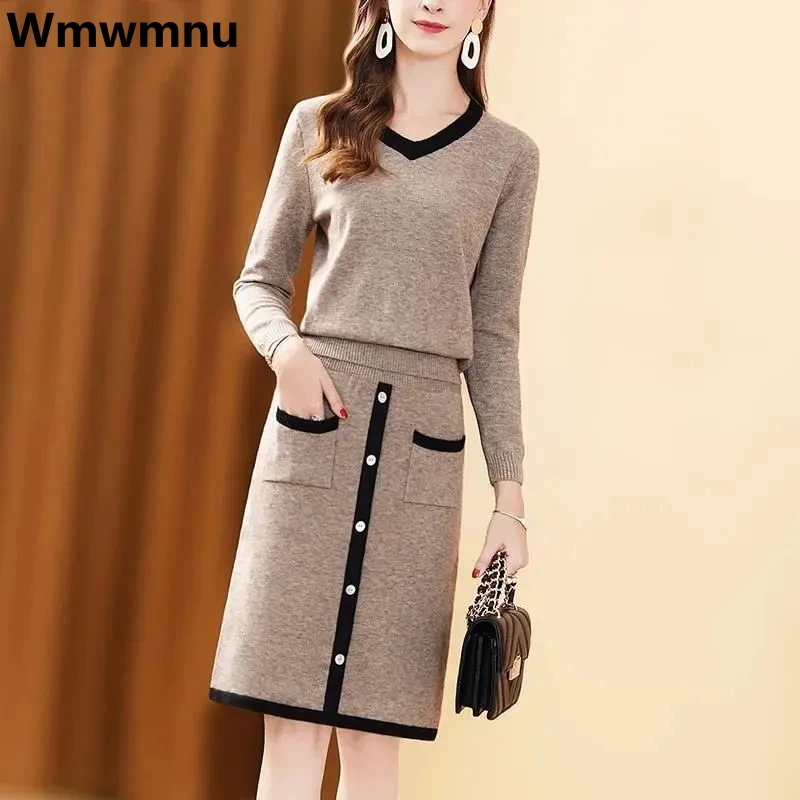 Top Trends: Elegant Slim Knitted Skirt 2 Piece Set Long Sleeve Pullover And Straight Skirts Suit Women 2023 Office Sweater Faldas Outfit Shoppable Styles