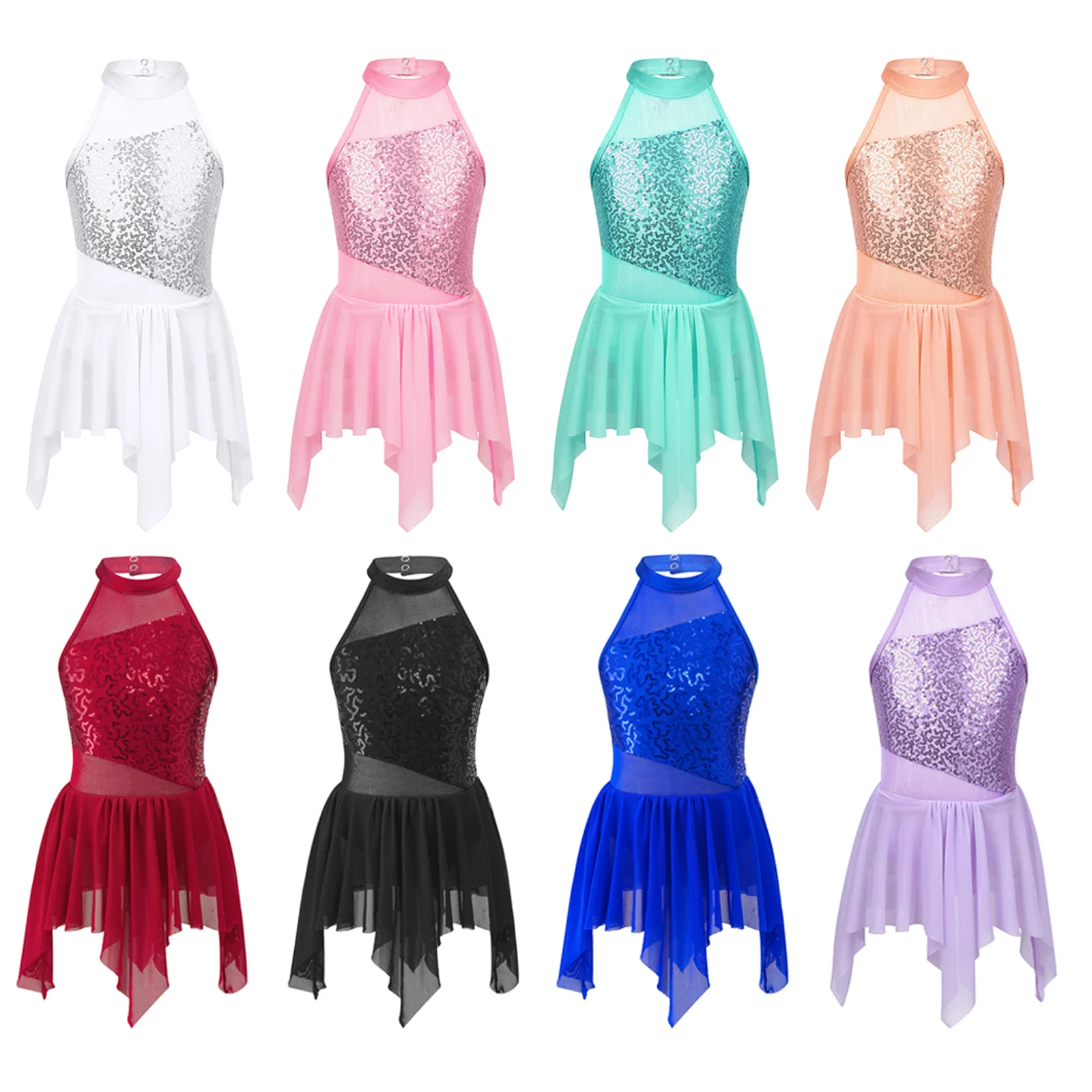 Top Trends: Kids Girls Sequins Ballet Dress Sleeveless Mock Neck Asymmetrical Hem Leotard Dress Lyrical Latin Jazz Dance Costumes Dancewear Shoppable Styles