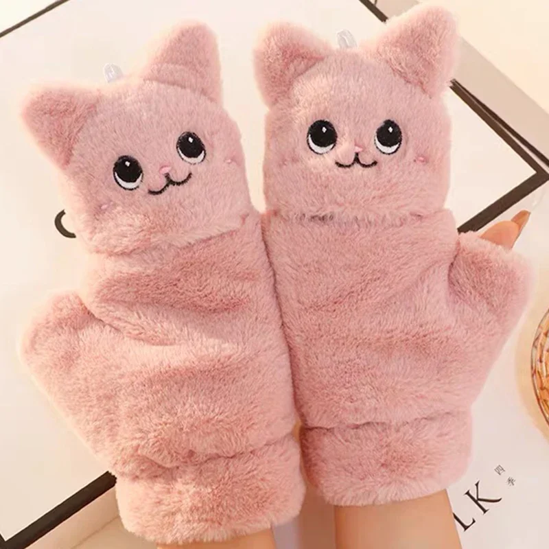 Top Trends: Women Winter Plush Cat Mittens Fingerless Gloves Lovely Plush Warm Glove Soft Thick Gloves For Women Girl Half Finger Gloves Shoppable Styles